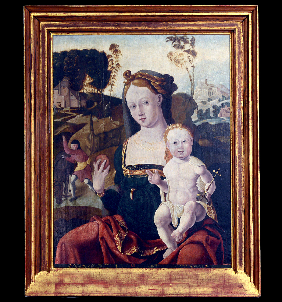 Thronende Madonna mit sitzendem Jesusknaben als Weltenherrscher. Die Madonna mit Haartracht der Frührenaissance. Am Dekolletérand beschriftet in goldenen Buchstaben, »Ecce Agnus Dei«. Am Ärmelsaum Meistermonogramm »A. M.« Das Jesuskind die Weltkugel als Bergkristall haltend. Links im Hintergrund eine noch stilistisch gotische Landschaft mit biblischen Szenen. Rechts im Hintergrund eine Ideallandschaft der Renaissance. Die Malerei Öl und Eitempera auf Holz. Die Holztafel im 19. Jahrhundert gedünnt und parkettiert. Der Rahmen Eichenholz, teilweise vergoldet, 19. Jahrhundert. Maße: Bild H 60 x B 46 cm, Rahmen H 72 x 58 cm Süddeutsch, Franken Nürnberg oder Coburg ? Meister A. M. um 1500