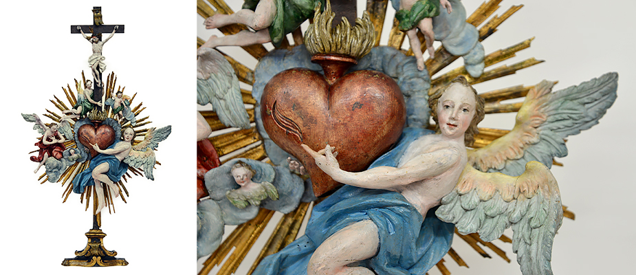 Altaraufsteller, Süddeutsch Rokokoaltaraufsteller in Form einer Gloriole. Im Zentrum das Herz Jesu von einem Engel getragen. In den Wolken adorierende Engel. Als Bekrönung ein Kruzifix von einem Engel gehalten. Rückseitig ein Strahlenkranz. Die Farbfassung und Vergoldungen original. Die Bildhauerarbeit aus Lindenholz. Maße: H 73 X B 45 X T Süddeutsch,Bayern Rokoko, um 1770 Umkreis/Werkstatt, Johann Baptist Straub 1704 - 1784 München