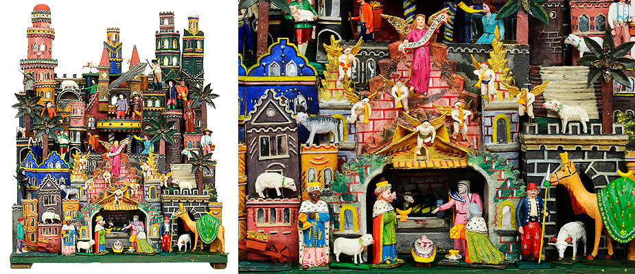 Krippe Grulich, Holz, farbig, Antiquitäten, München, Wasserburg, Kunsthandel, Bayern Großer Grulicher Krippenberg mit zahlreichen Krippenfiguren. Die Häuser aus bemaltem Karton und Holz. Die Fenster der Gebäude verspiegelt. Die Palmen aus Karton und Holz, mit Glasflitter bestäubt. Die Seiten der Krippe marmoriert. Die Figuren Holz geschnitzt, originale Farbfassung. Maße: Krippenberg H 80 X B 50 X T 30 cm Figurengröße H 10 - 12 cm Grulich um 1900