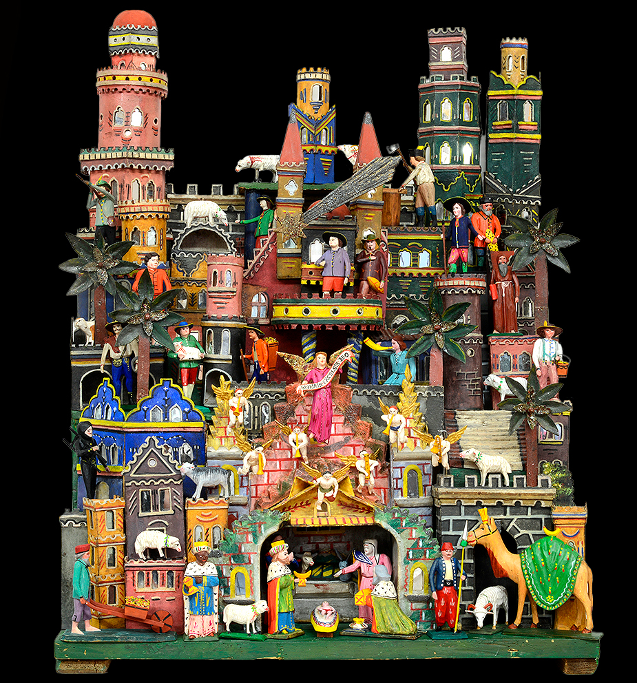 Krippe Grulich, Holz, farbig, Antiquitäten, München, Wasserburg, Kunsthandel, Bayern Großer Grulicher Krippenberg mit zahlreichen Krippenfiguren. Die Häuser aus bemaltem Karton und Holz. Die Fenster der Gebäude verspiegelt. Die Palmen aus Karton und Holz, mit Glasflitter bestäubt. Die Seiten der Krippe marmoriert. Die Figuren Holz geschnitzt, originale Farbfassung. Maße: Krippenberg H 80 X B 50 X T 30 cm Figurengröße H 10 - 12 cm Grulich um 1900