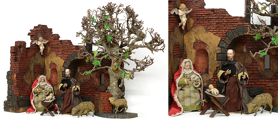 Münchner Krippe, München, Holz, farbig, gefaßt, Antiquitäten,, Wasserburg, Kunsthandel, Bayern, Süddeutsch Kleine Münchner Krippe mit geschnitzter Ruinenarchitektur. Der Baum und die Mauerreste aus Holz farbig gefaßt Das Jesuskind, die Schafe, der Engel, die Köpfe, die Hände und die Beine aus Holz geschnitzt und naturalistisch gefaßt. Originale Farbfassungen und Kleidungen. Der Baum aus Holz, die Blätter aus geprägtem Papier. Maße: H 55 X B 70 X T 30 cm Süddeutsch, Bayern München, 18./19. Jahrhundert