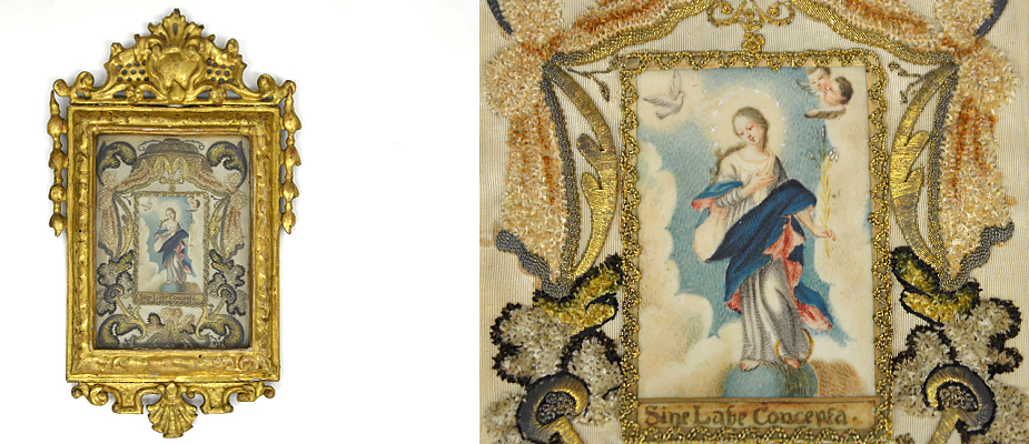 Klosterarbeit, Süddeutsch Im Zentrum Maria Immaculata in feiner Gouachemalerei auf Pergament. Das Pergammentbild umrandet von Goldstickereien. Der Rahmen Lindenholz, fein geschnitzt, mit Aufsatz. Die Polimentvergoldung original. Maße: H 26 x B 16 x T 1,5 cm Bayern Rokoko um 1750