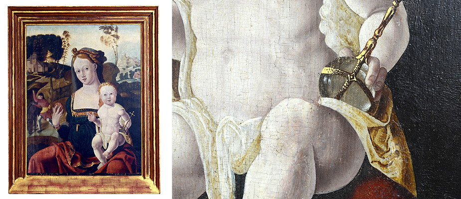 Madonna mit Kind, Tafelbild, Süddeutsch Thronende Madonna mit sitzendem Jesusknaben als Weltenherrscher. Die Madonna mit Haartracht der Frührenaissance. Am Dekolletérand beschriftet in goldenen Buchstaben »Ecce Agnus Dei«. Am Ärmelsaum Meistermonogramm »A. M.« Das Jesuskind die Weltkugel als Bergkristall haltend. Links im Hintergrund eine noch stilistisch gotische Landschaft mit biblischen Szenen. Rechts im Hintergrund eine Ideallandschaft der Renaissance. Die Malerei Öl und Eitempera auf Holz. Die Holztafel im 19. Jahrhundert gedünnt und parkettiert. Der Rahmen Eichenholz, teilweise vergoldet, 19. Jahrhundert. Maße: Bild H 60 x B 46 cm, Rahmen H 72 x 58 cm Süddeutsch, Franken, Nürnberg oder Coburg? Meister A. M. um 1500