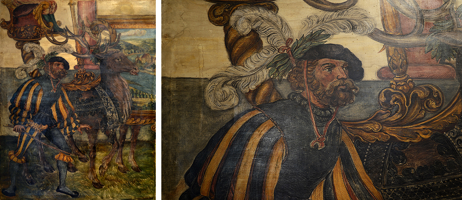 Entwurfsbild, Wasserburg am Inn Entwurf für die Ausmalung des Großen Rathaussaals in Wasserburg am Inn von 1903–1905. Hirsch mit Landsknecht in originaler Größe für das Wandfresko im Rathaussaal. Im Hintergrund die Ansicht der Burg von Wasserburg. Ölmalerei auf Leinwand. Ehemalige Hängung des Bildes im Treppenaufgang der Villa von Maximilian von Mann in Wasserburg am Inn. Maße: H 240 x B 190 cm Bayern, Wasserburg am Inn Maximilian von Mann 1856 – 1939 Entwurf vor 1903