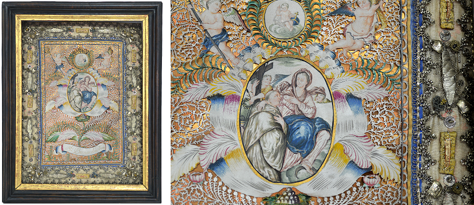 Spitzenbild, Süddeutsch Großes, geschnittenes Spitzenbild mit Goldgrund hinterlegt. Die Blumen, Engel und der Hl. Bernhard in Gouachemalerei. Der Bildrand mit Reliquien, Silber- und Golddrahtarbeiten. Der Rahmen Birnbaum, ebonisiert, mit innenliegender Goldleiste. Originale Verglasung. Maße: H 42 x B 33,5 x T 4 cm Bayern, Süddeutsch Mitte 18. Jahrhundert